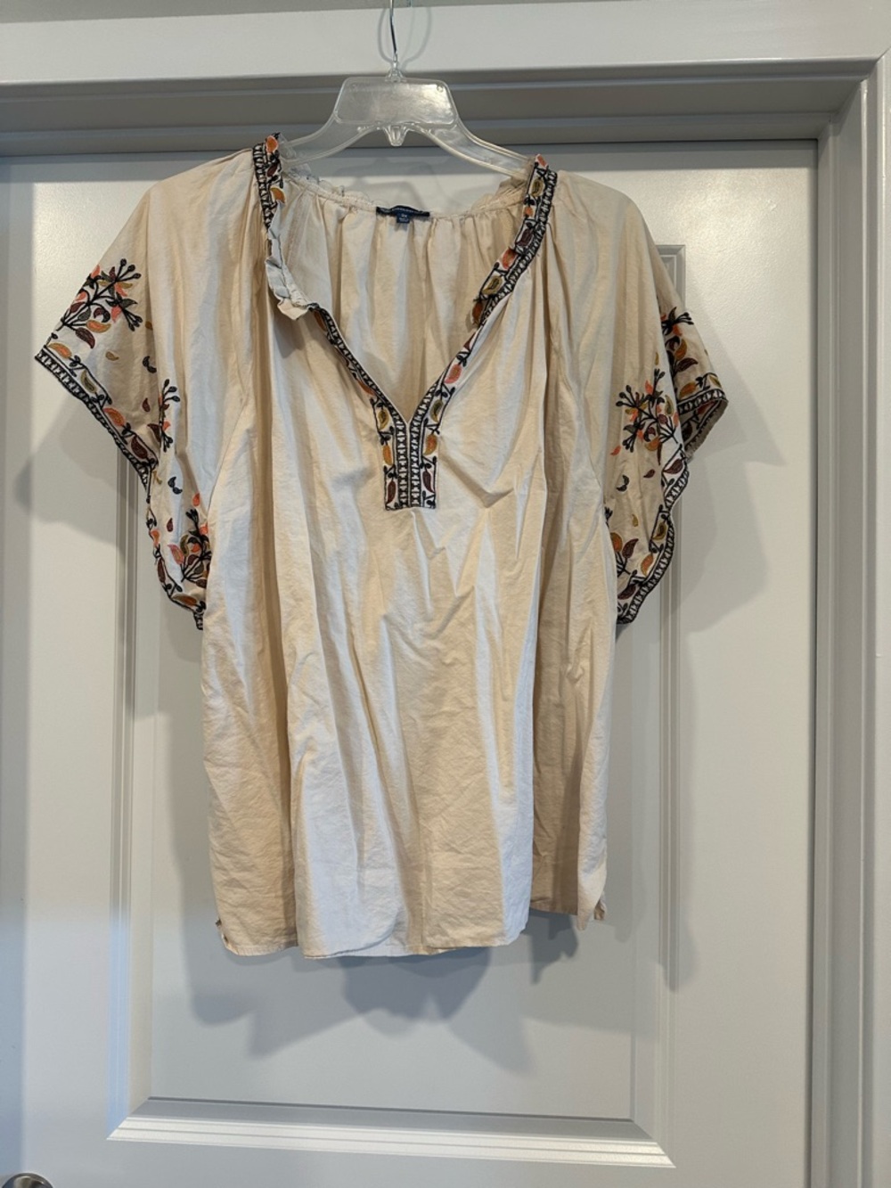 Democracy Cream Embroidered Peasant Top with Floral Accents